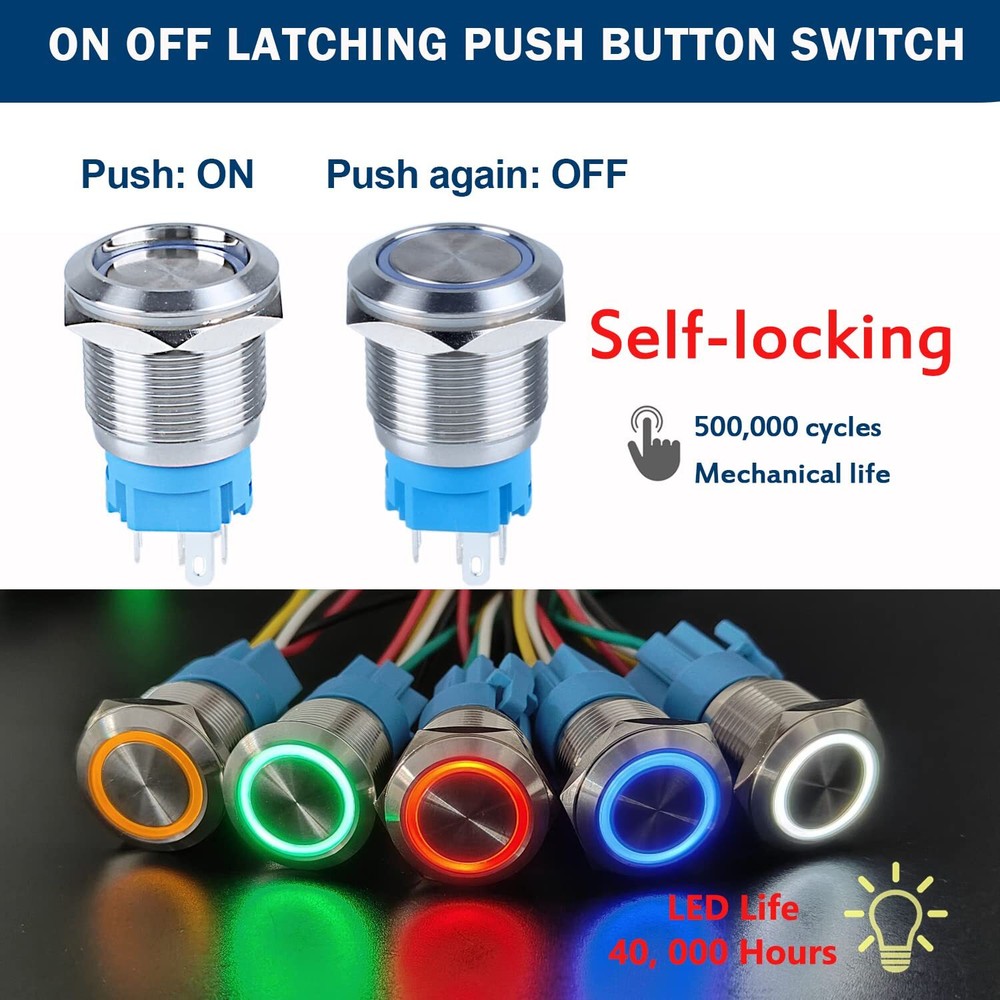 2pcs 19mm Latching Push Button Switch 12V/24V Waterproof Blue LED