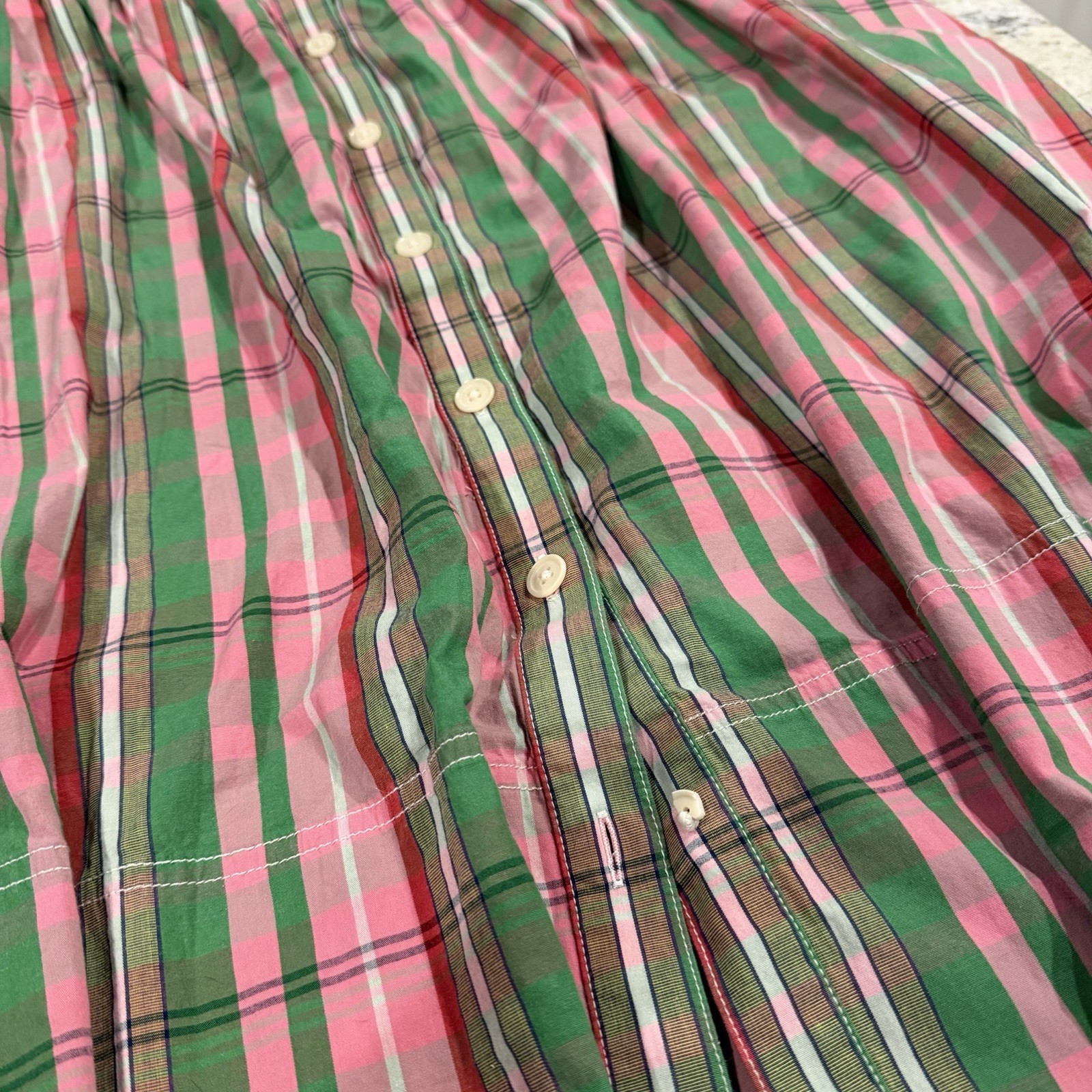 J CREW Midi Skirt 16 Pink Green Plaid Check Organic Cotton Button Front Pocket