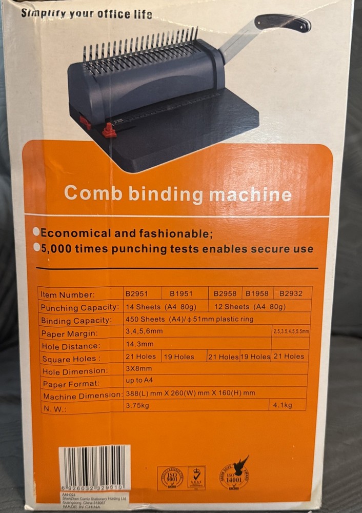 B1951 Comix Heavy Duty Manual Hole Punch & Comb Binding Machine 450 Sheets