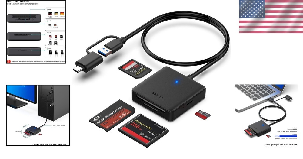 Memory Card Reader, 4In1 USB 3.0 and USB-C to SD Micro SD MS CF Card Reader A...