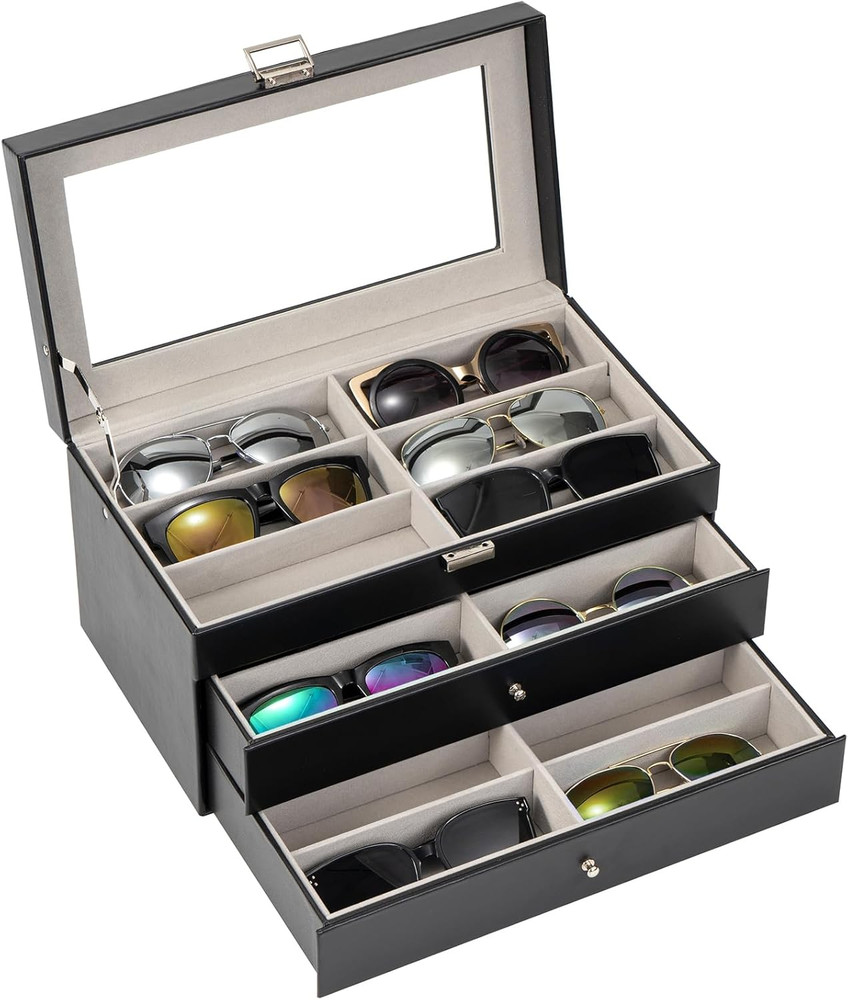 3-Layer Sunglasses Storage Organizer,18 Slots Leather Sunglass Box Multiple Pair
