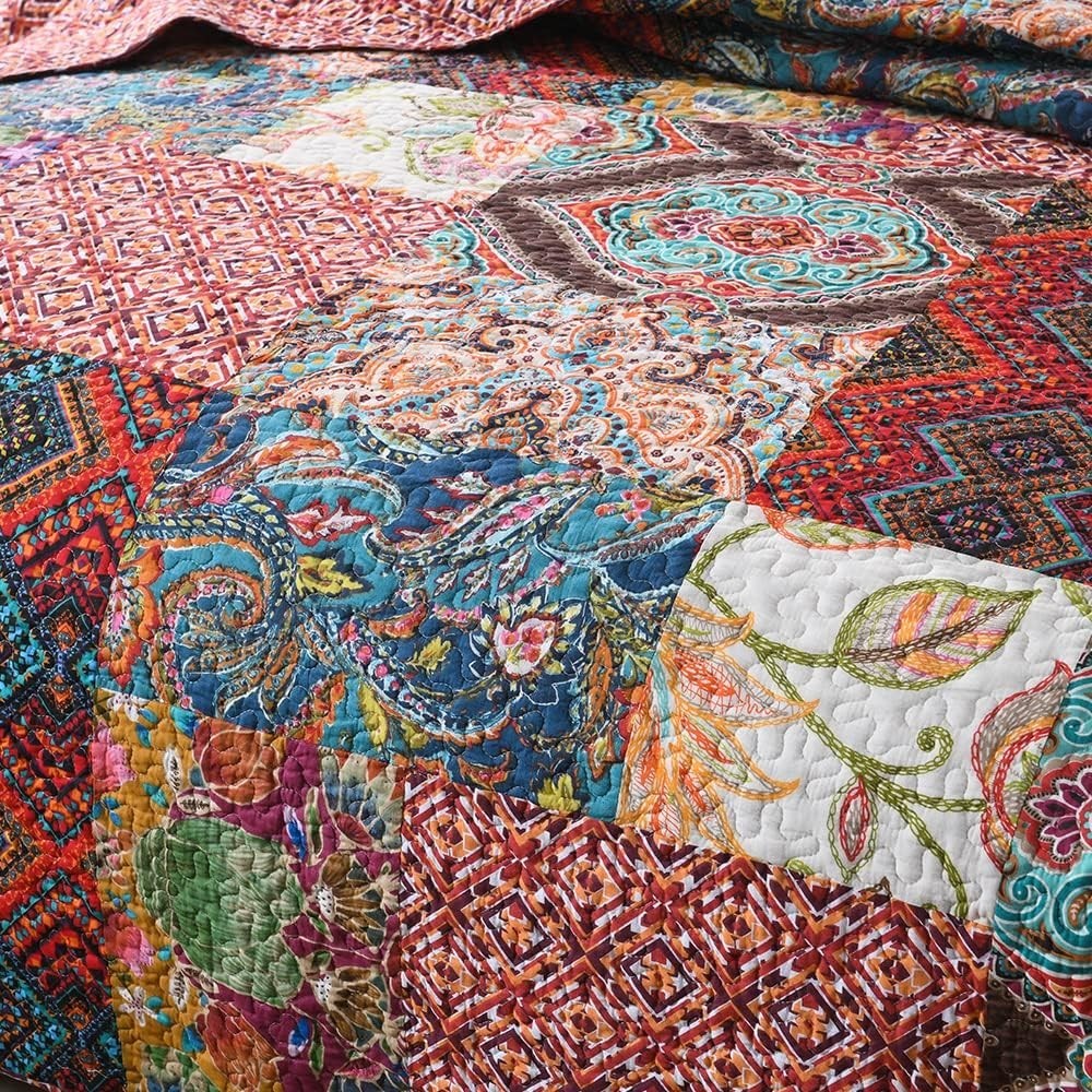 Cotton Patchwork Bedspread Quilt Sets, Reversible Bedding Coverlet Sets, Red ...