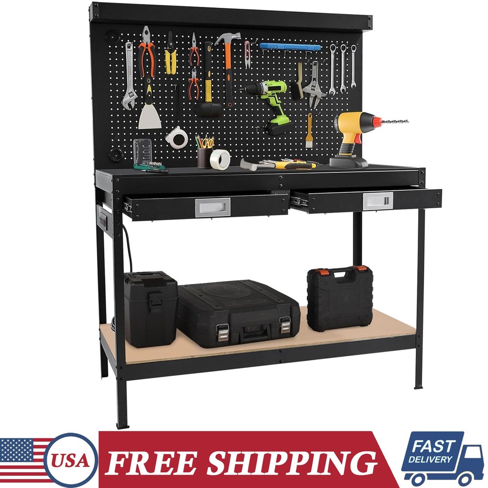 2-Tier 48"x22" Workbench Tool Storage Bench with Pegboard Power Outlets Drawers