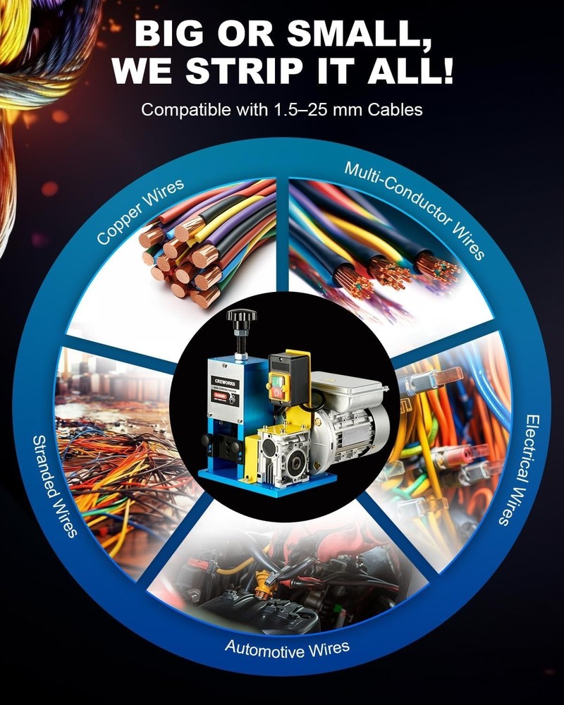CREWORKS Electric Wire Stripper Machine, 0.06"-1" Automatic Wire Stripping