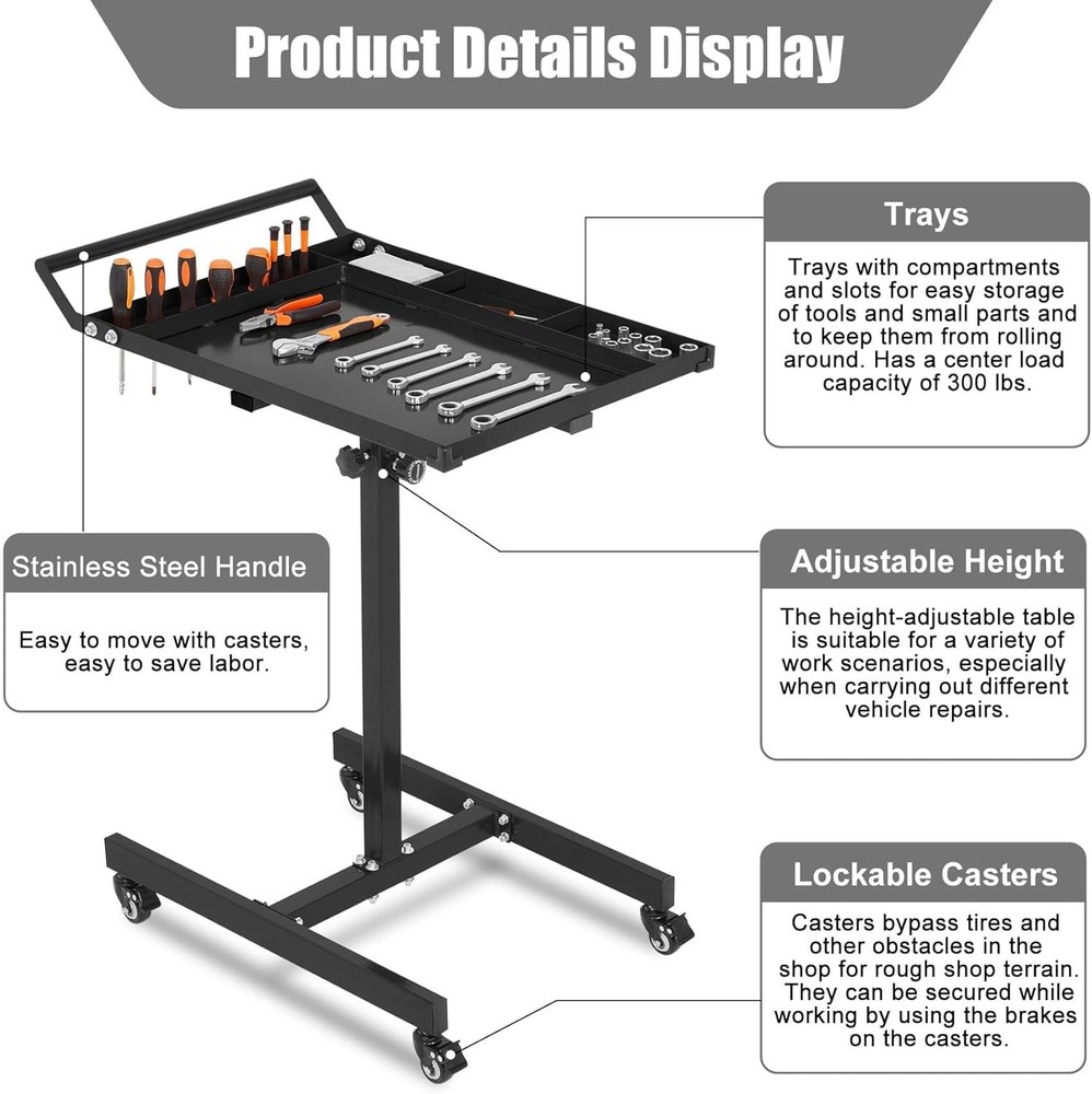 Heavy-Duty Mobile Workbench with Wheels, Rolling Tool Tray Table,300Lbs Capacity