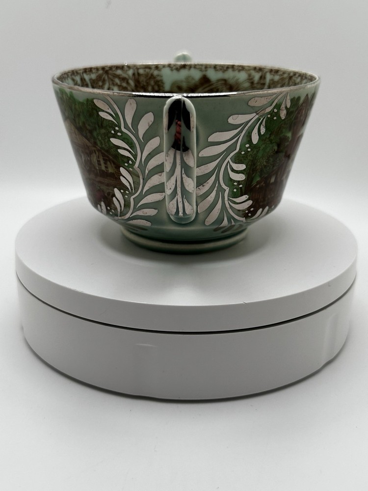 Rare Silver Overlay Pastoral Scene Poly Brown Transferware Cup