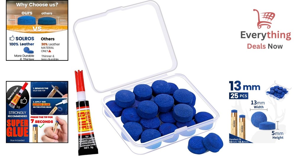 Billiard Cue Tips Replacement Set - 25 Leather Tips with 3 Secs Install Glue