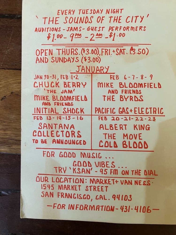 Fillmore Handbill Double Postcard Bloomfield Byrds Chuck Berry Feb 1969 Tuten