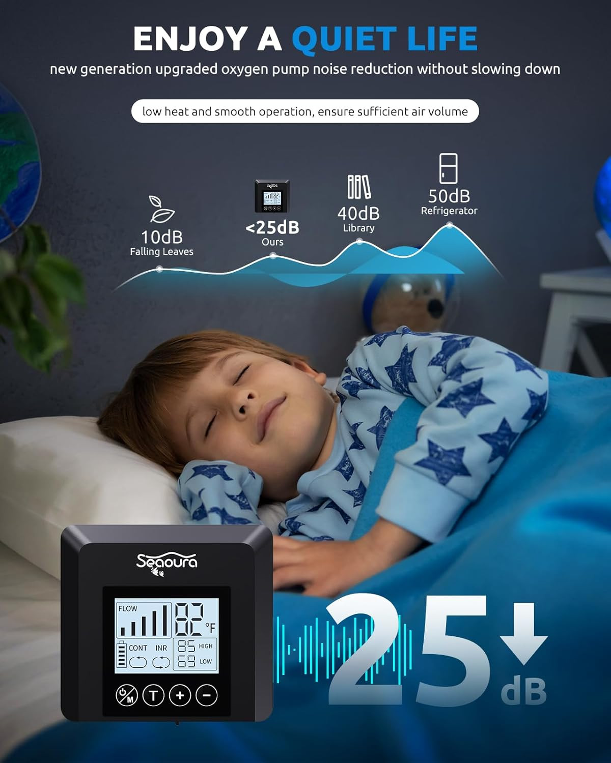 USB Rechargeable Portable Aerator Fish Tank with Digital Thermometer, Battery Po