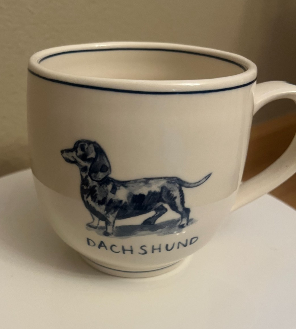 Molly Hatch Anthropologie Dachshund 14oz Coffee Mug Blue Cream Hand Painted