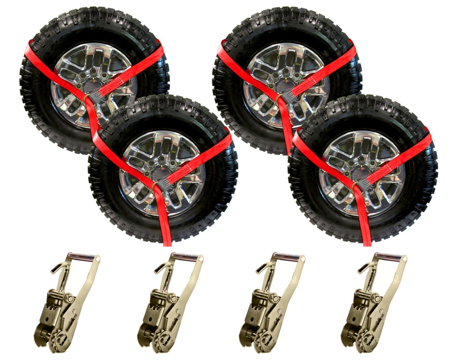 Red Wheel Lift Lasso Straps Ratchet J Finger Hook Tie Down Trailer - 4 Pack USA