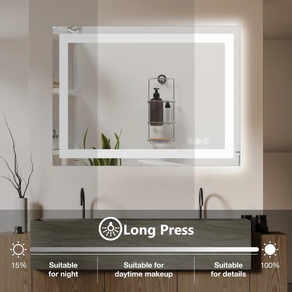 LED Bathroom Mirror Anti-Fog Backlit Memory Function Tempered Glass Waterproof