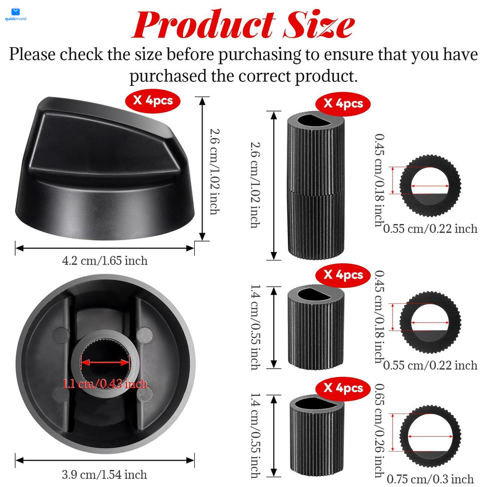 4 Pack Black Control Knobs with Replacement for 12 Adapters, Stove