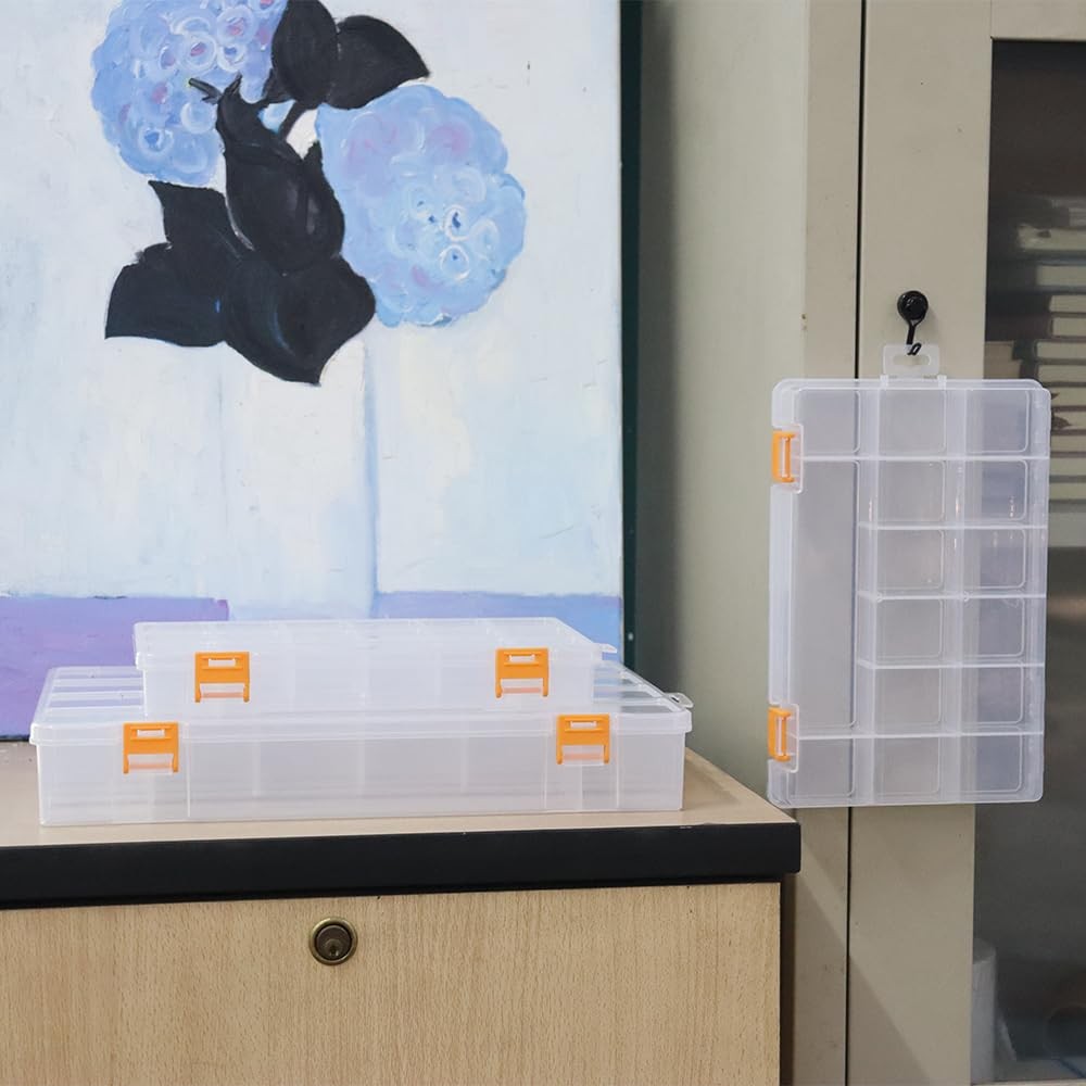 3 Pack Mixed Size Clear Plastic Storage Box Organizer Case with Fixed Compart...