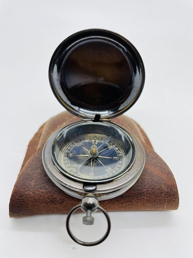 Brass Push Button Compass | 2 Inch Pocket Navigation Tool with Case | Vintage 19