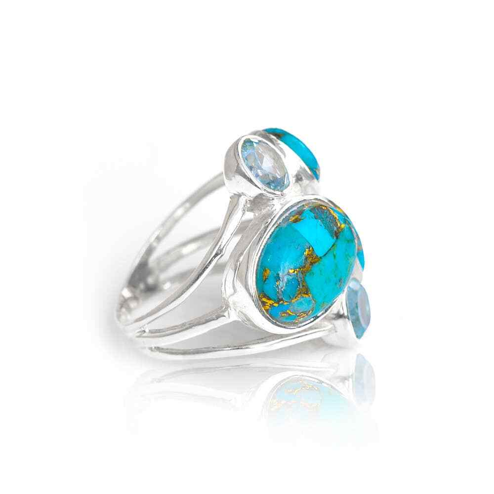 Blue Turquoise & Topaz 925 Sterling Silver Cocktail Ring