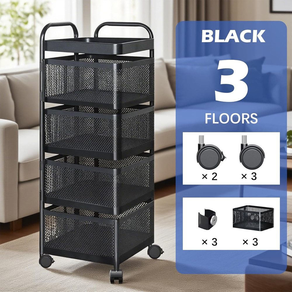 Rotating Kitchen Storage Rack, 4 Tier Rolling Cart with Fruit and Vegetable Bask
