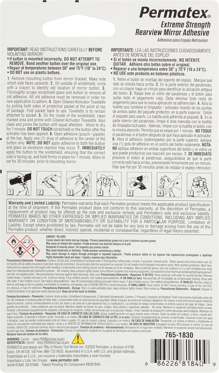 Permatex 81840 Extreme Rearview Mirror Profressional Strength Adhesive Kit , Whi