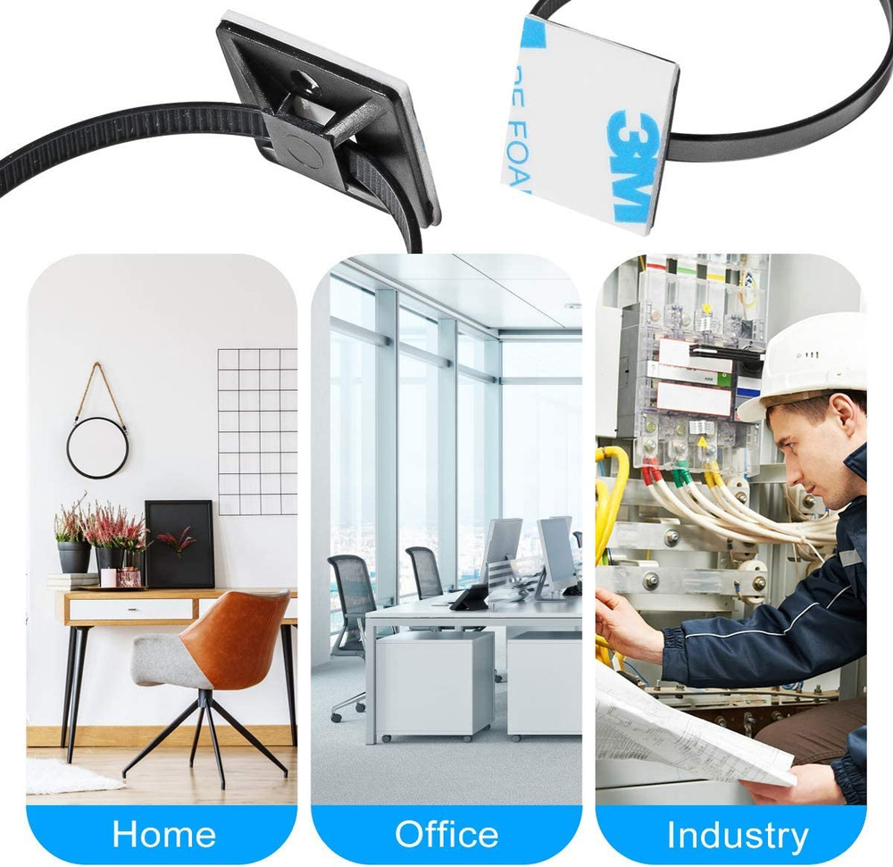 /" Strong Back-Glue Self Adhesive White Cable Zip Tie Mounts 100Pcs with " Ties,