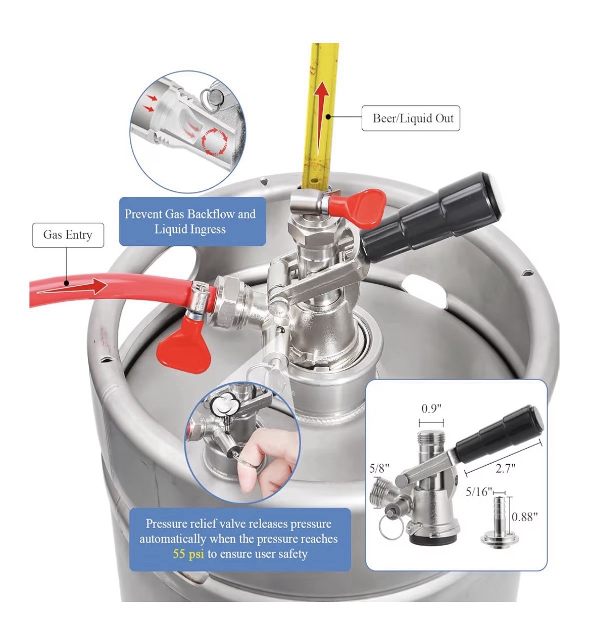 Keg Coupler for Sankey D System Beer Keg Tap Dispenser-304 Stainless Steel Probe