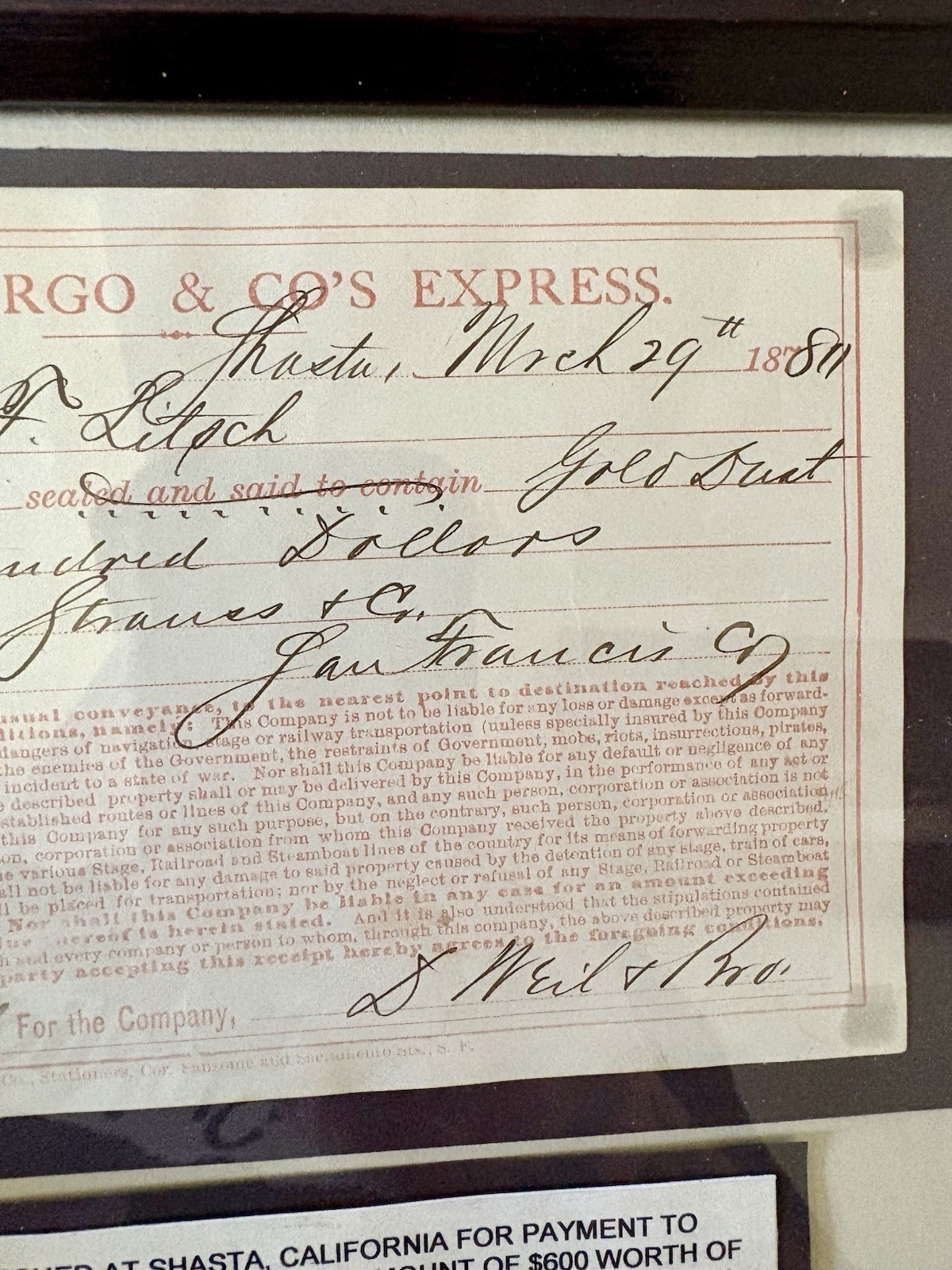 Wells Fargo & CO’s Express Receipt for Payment In Gold Dust to Levi Strauss Co