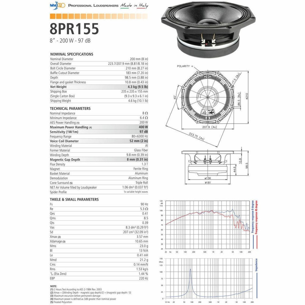 Faital-Pro 8PR155 8" Midrange / Midbass High Output 400W Replacement Speaker