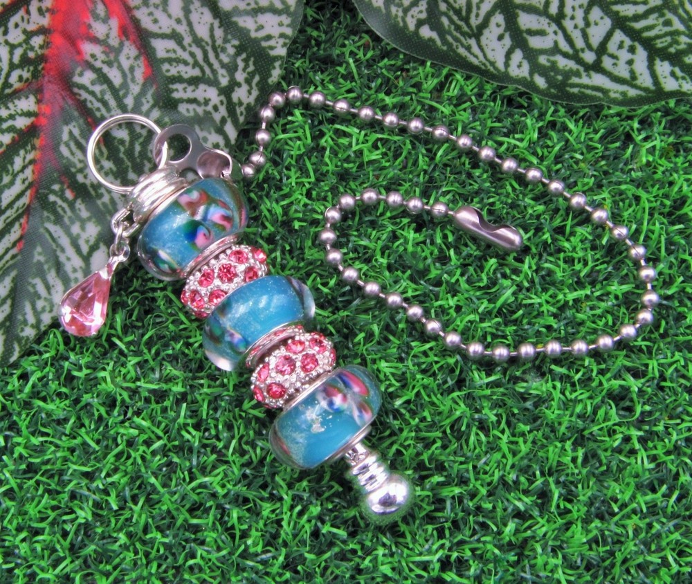 Handcrafted Pink & Blue Lampwork & Crystal European Bead Fan/Light Pull