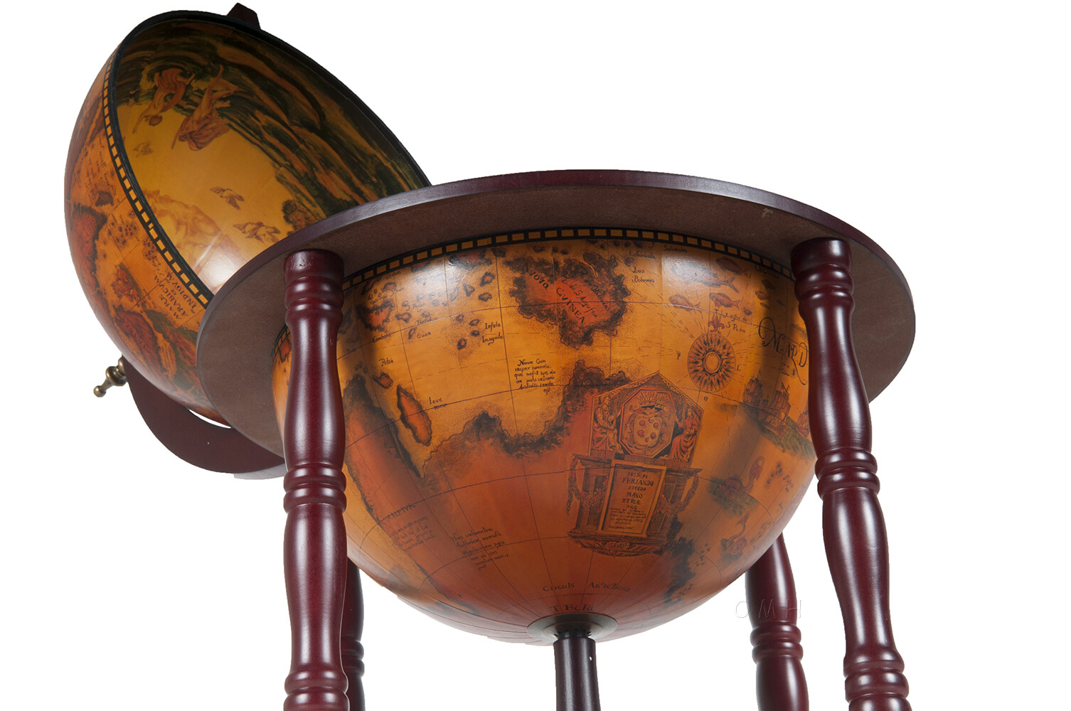 Unique Chess Board w/ Pieces Hidden in Wood Table Top Nautical Old World Globe