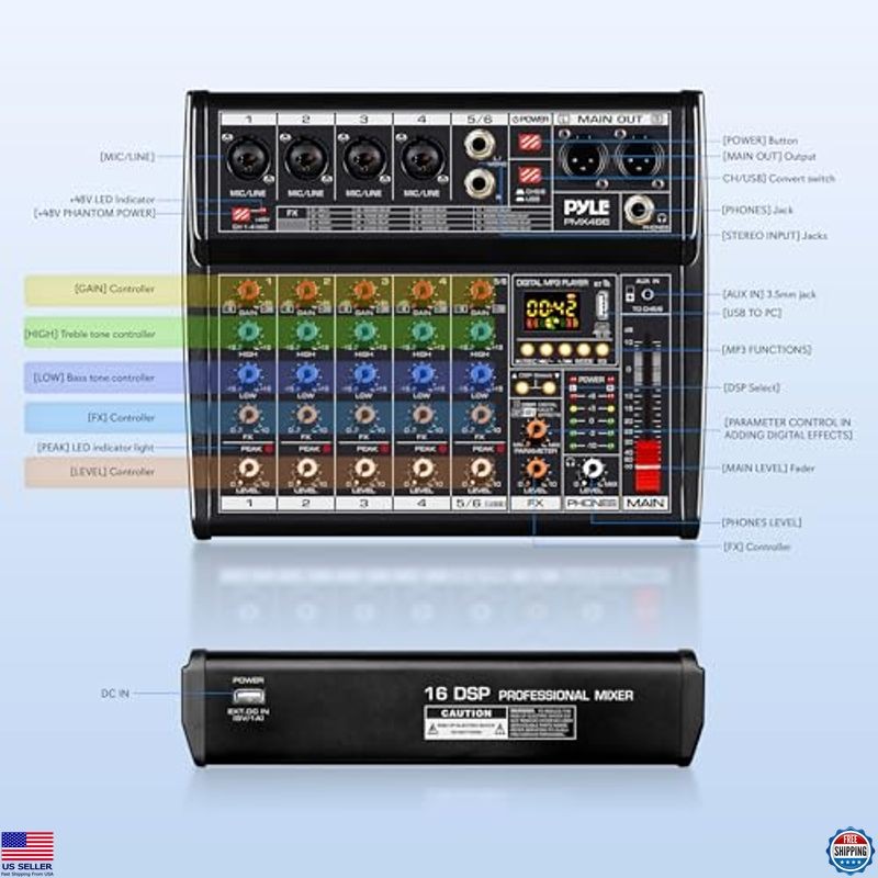 Pyle PMX466 Bluetooth DJ Mixer - 6-Channel, 16 DSP Effects, USB, 4 XLR Inputs