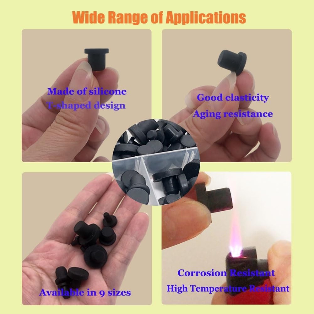 100 Pcs Silicone Rubber Hole Plugs Set - 9 Sizes T-Type Black