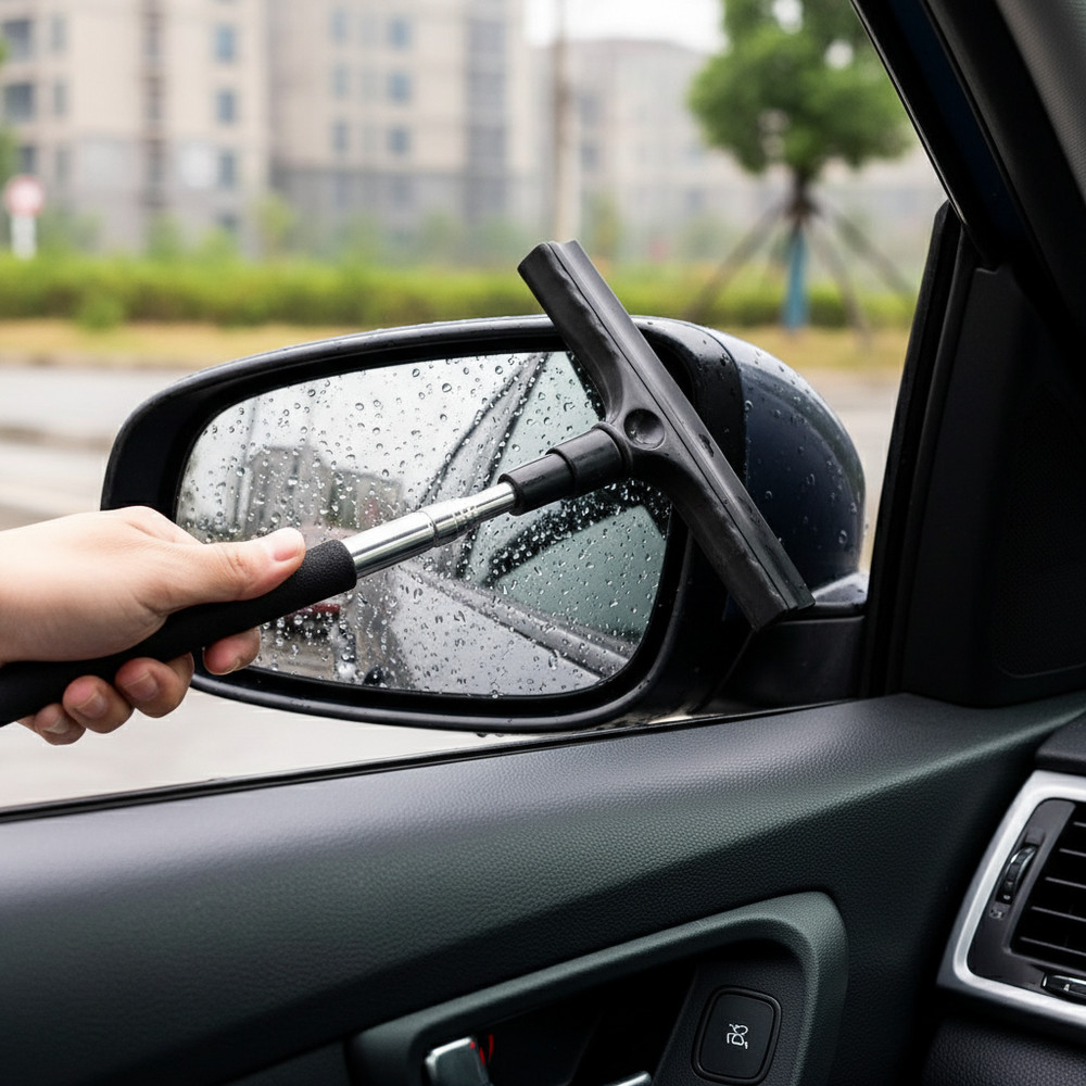 Car Rearview Mirror Multifunctional Extendable Wiper Black Snow Ice Scraper 1pc