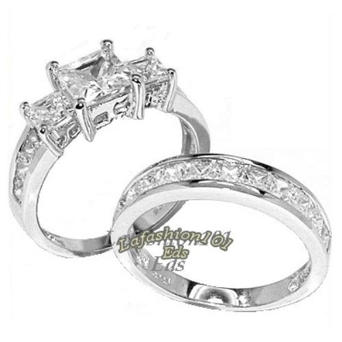 2.58ct Princess Cut CZ Womens Stainless Steel Wedding Engagement Set Rings