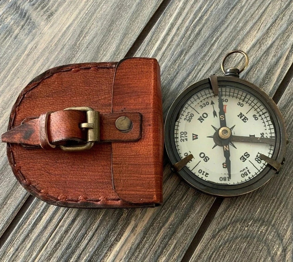 Vintage Brass Pocket Compass with Leather Case – Antique Navigation Compass Gift