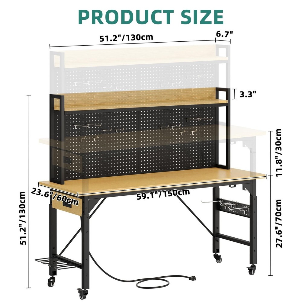 Rolling Workbench Adjustable Garage Table with Pegboard