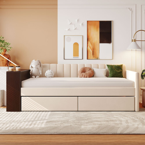 Modern Upholstered Daybed with Storage Drawers Armrest Cup Holder Sofa Bed Frame