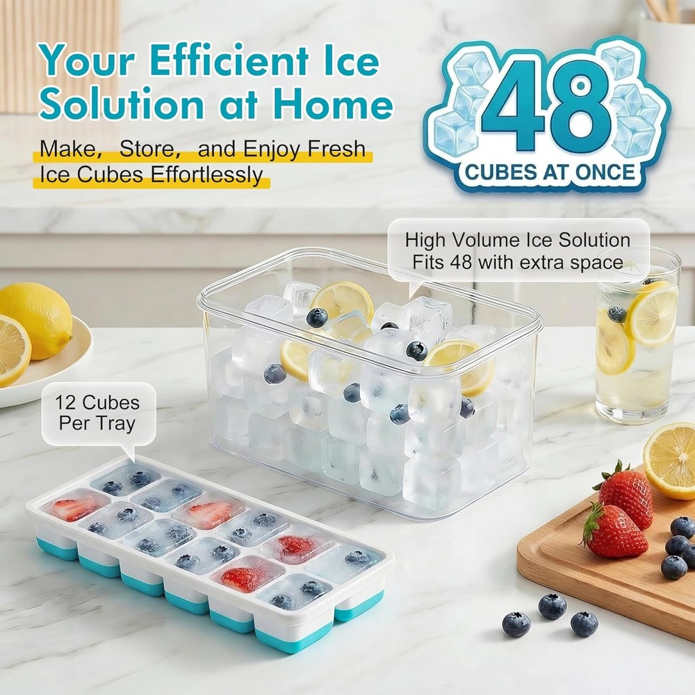 NFK Ice Cube Tray with Lid & Bin - 4 Pack Stackable Silicone Trays for Freezer w