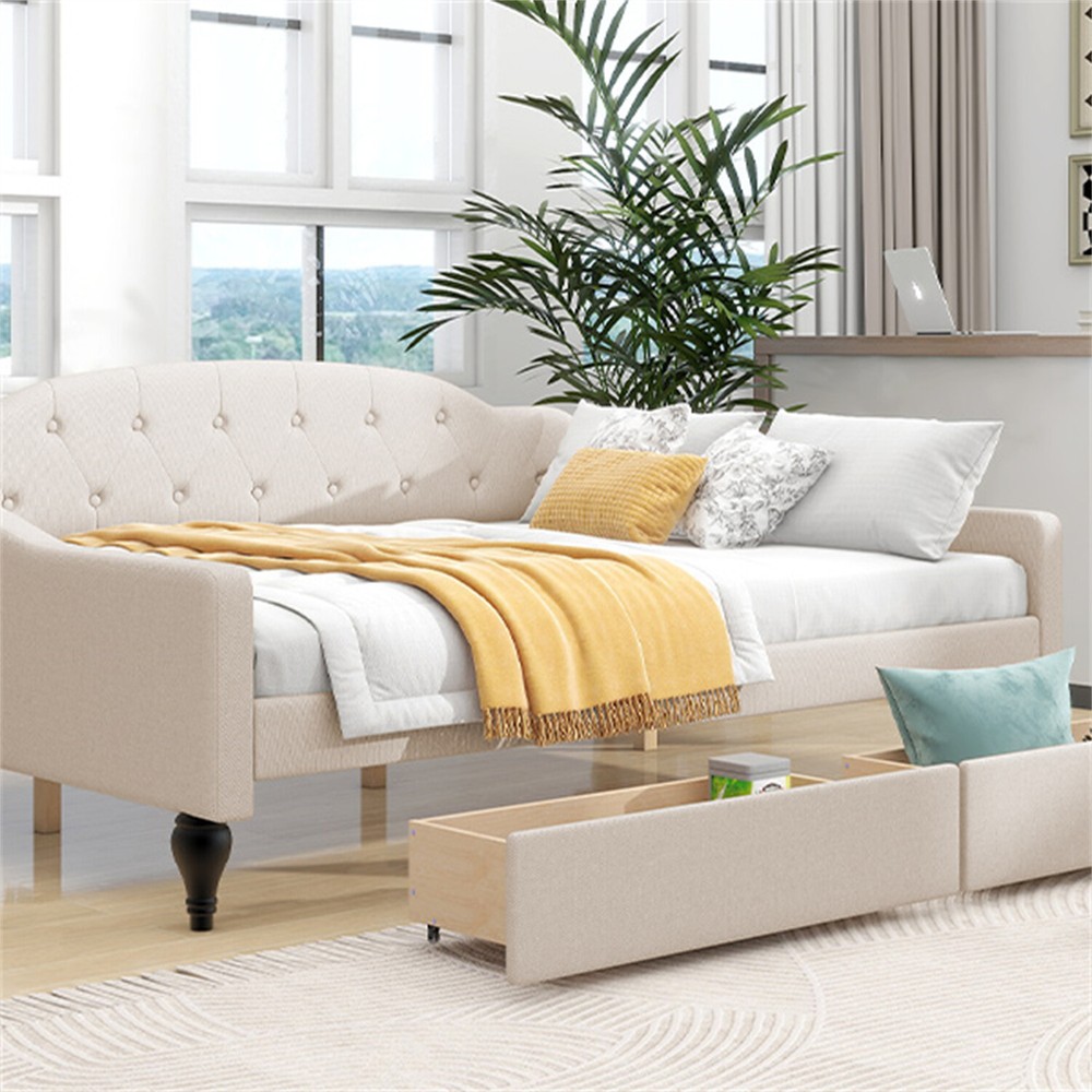 Full Size Daybed Upholstered Bed Frame Sofa Bed with 2 Storage Drawers Beige