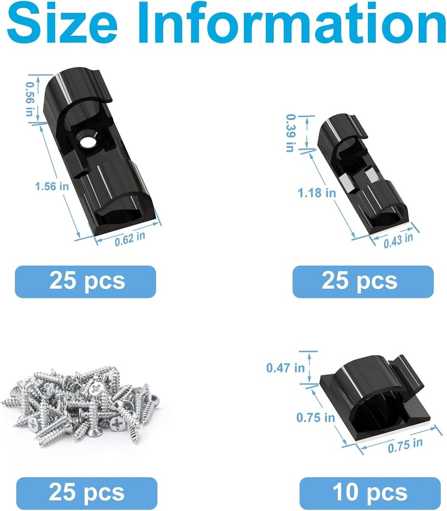 Cable Management Clips Black (Assorted Sizes, 60 PCS), M&L,