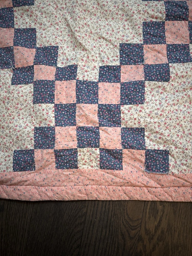 Handmade Quilted Lap Quilt Patchwork Reversible Pink Blue 47” By 42”