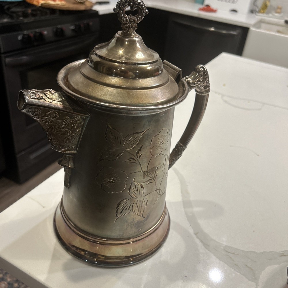 Vintage William Rogers Silver Plate Pitcher Floral Etched Teapot WR Hallmarked