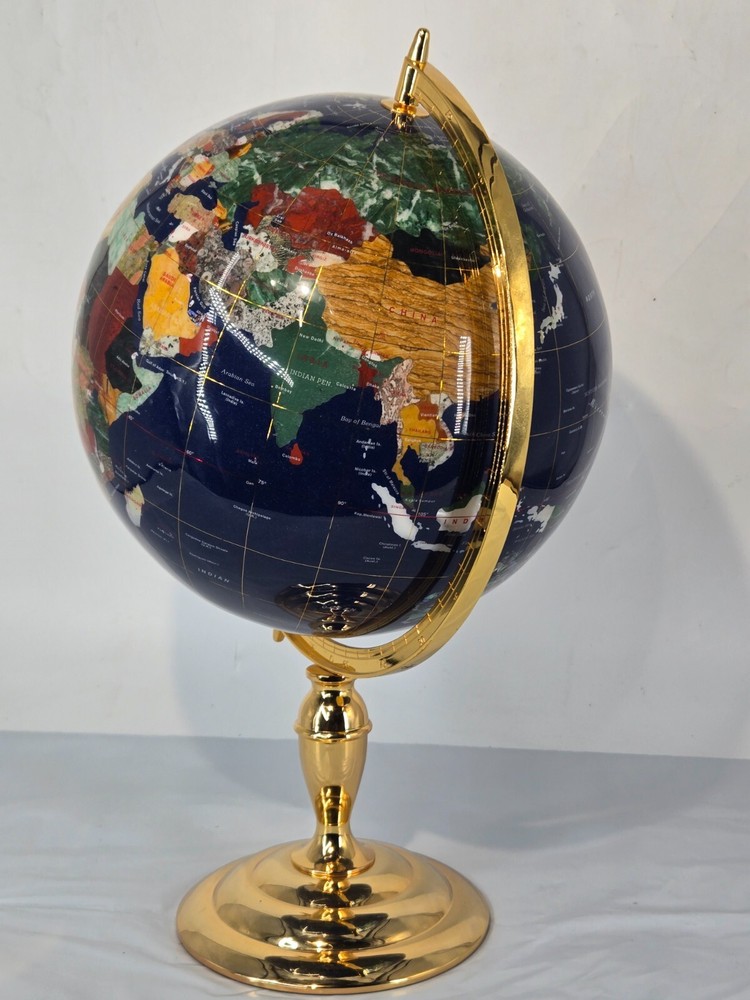 Globe Gemstone World Map Blue Lapis on Brass Stand H 21"