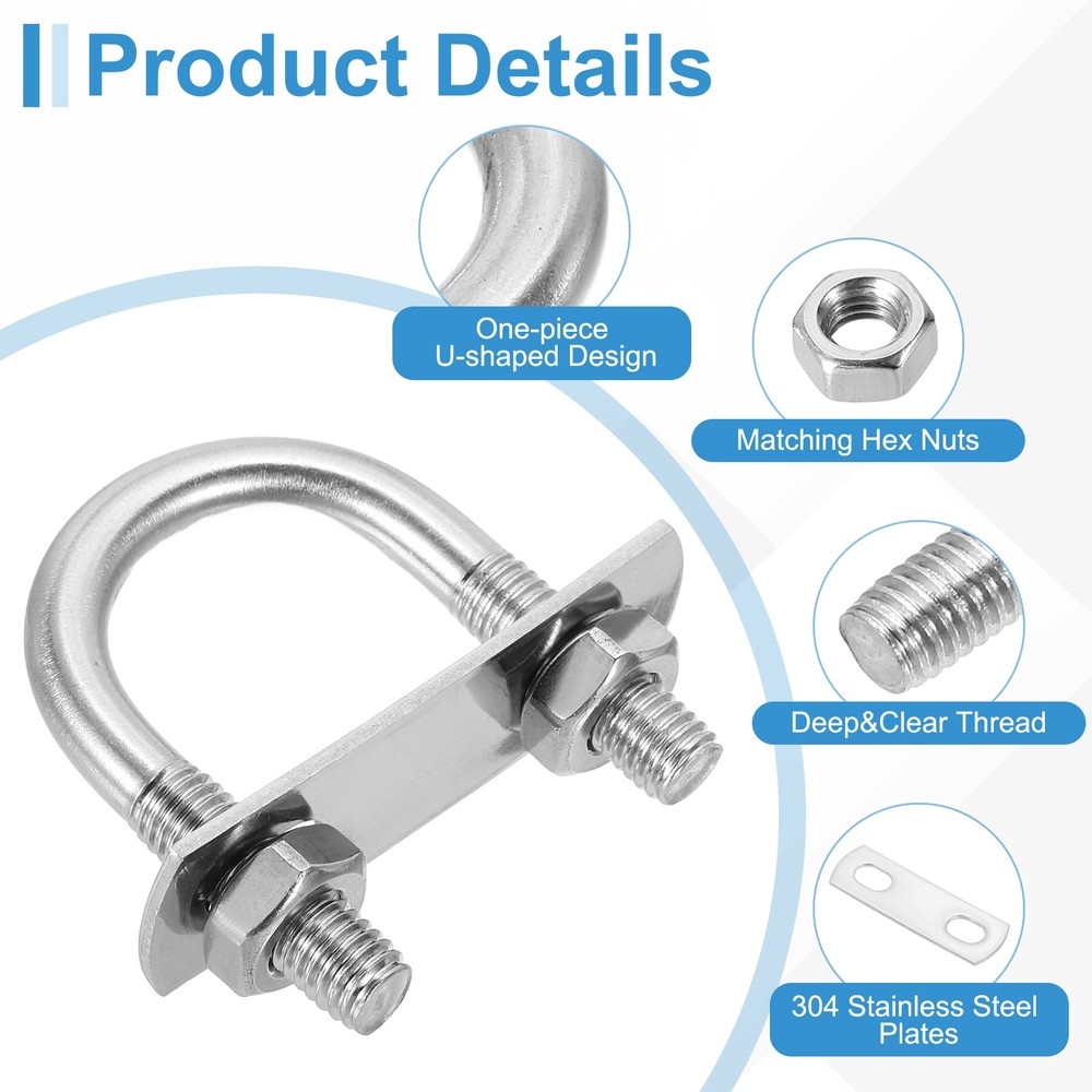 6 Sets M8 Round U-Bolts 27mm Inner Width 55mm Length U-Clamp Bolt
