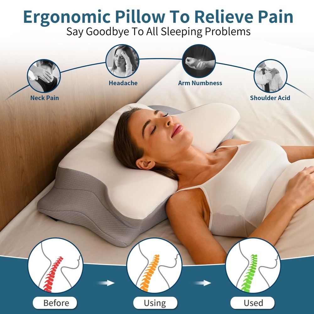 Cervical Neck Pillow for Pain Relief, Ergonomic Side Light Grey