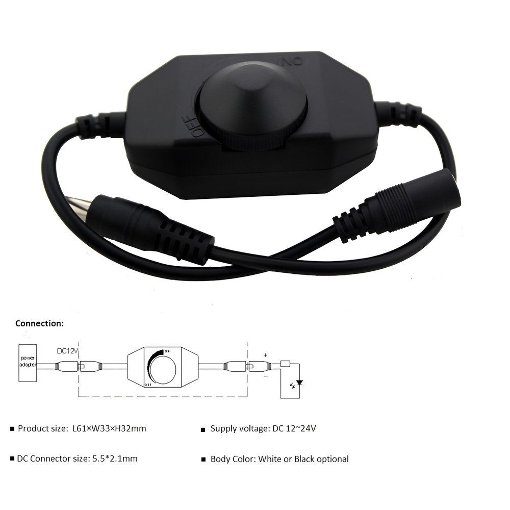 Inline Manual Dimmer Switch for LED Strip Light, Black