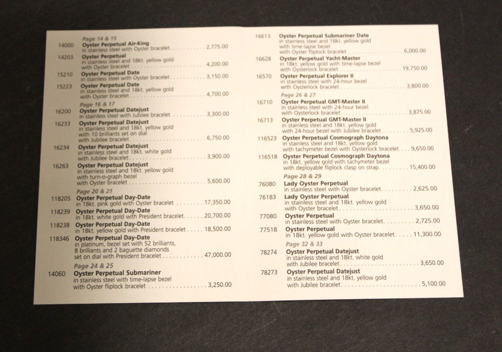 Rolex Paperwork Pricelist Catalog