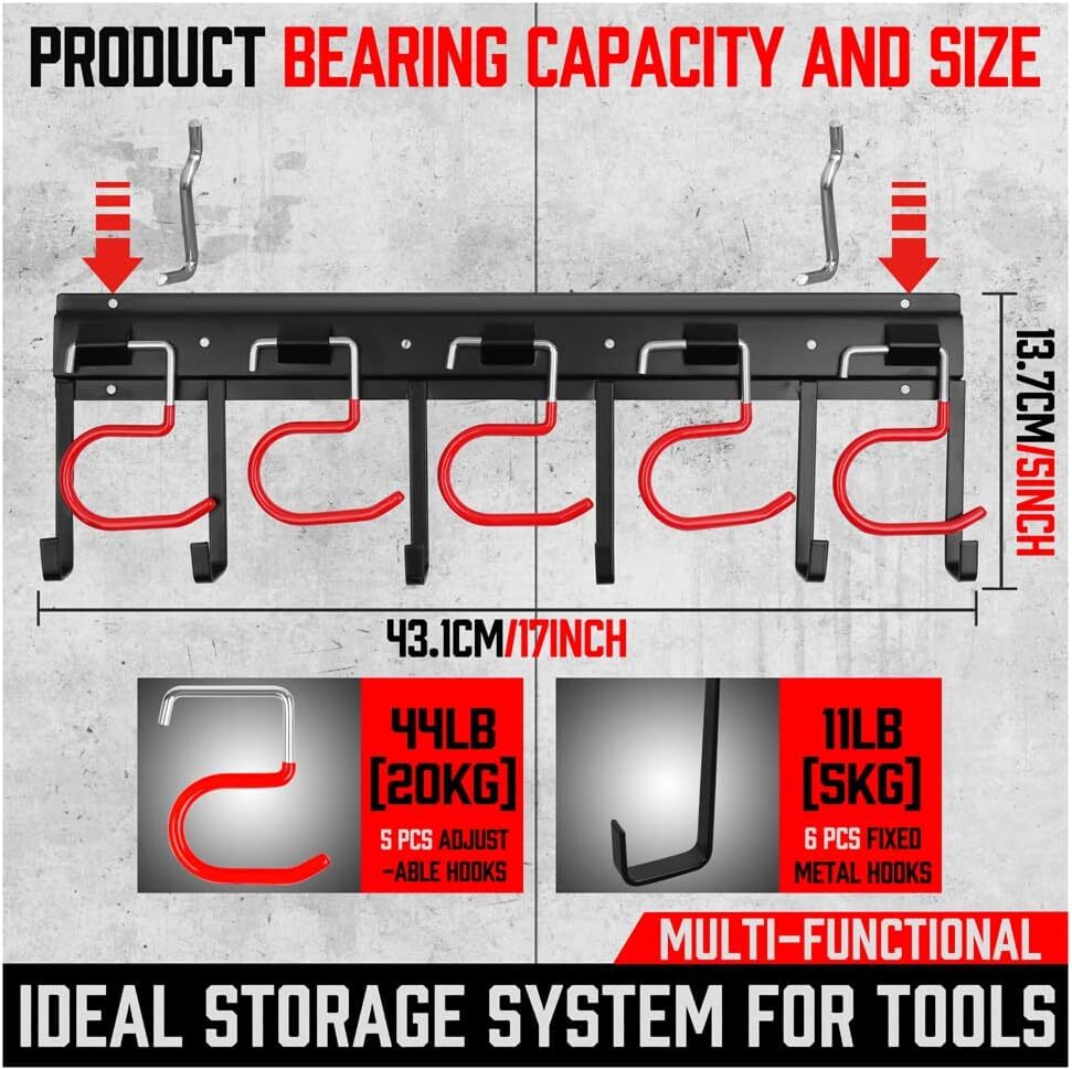 68” Metal Garden Tool Organizer Hooks - Wall Mount Storage System for Yard Tools