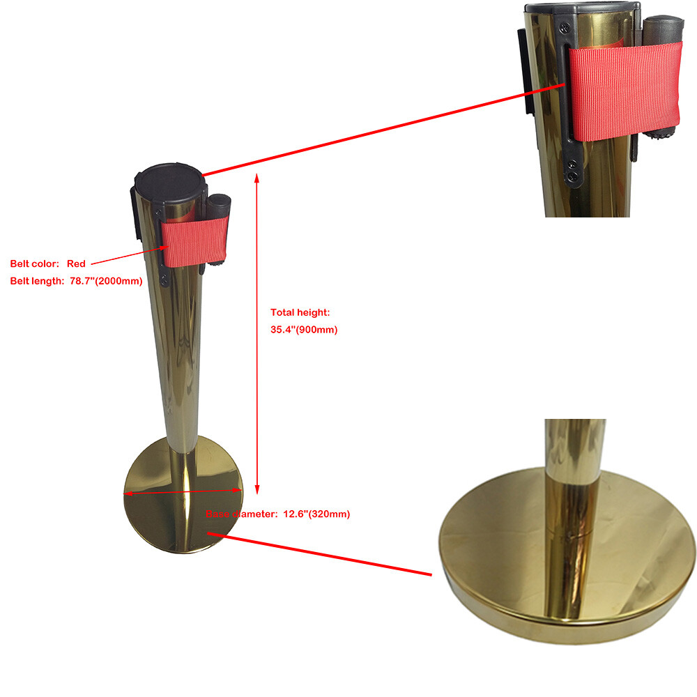 2 pcs Retractable Red Belt Stanchions Gold Posts Queue Pole Crowd Control