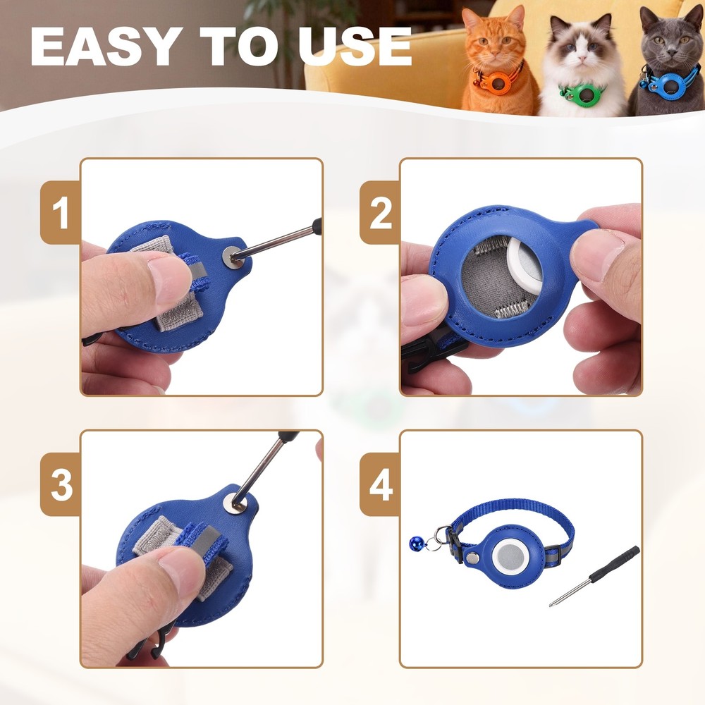 8.7"-13.4" Cat Tracker Collar with Leather Tracker Holder 2Pcs Black/Blue