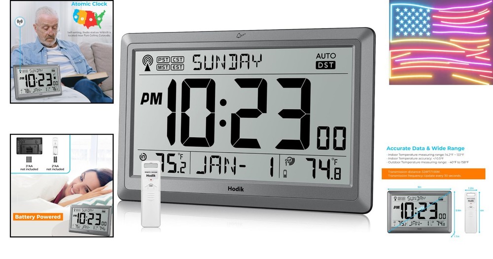 Wall Clock Atomic with Indoor Outdoor Temperature Battery Powered, Easy Readi...