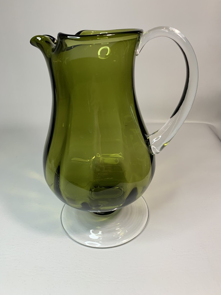 hand blown green footed 10 1/2" pitcher & applied clear handle